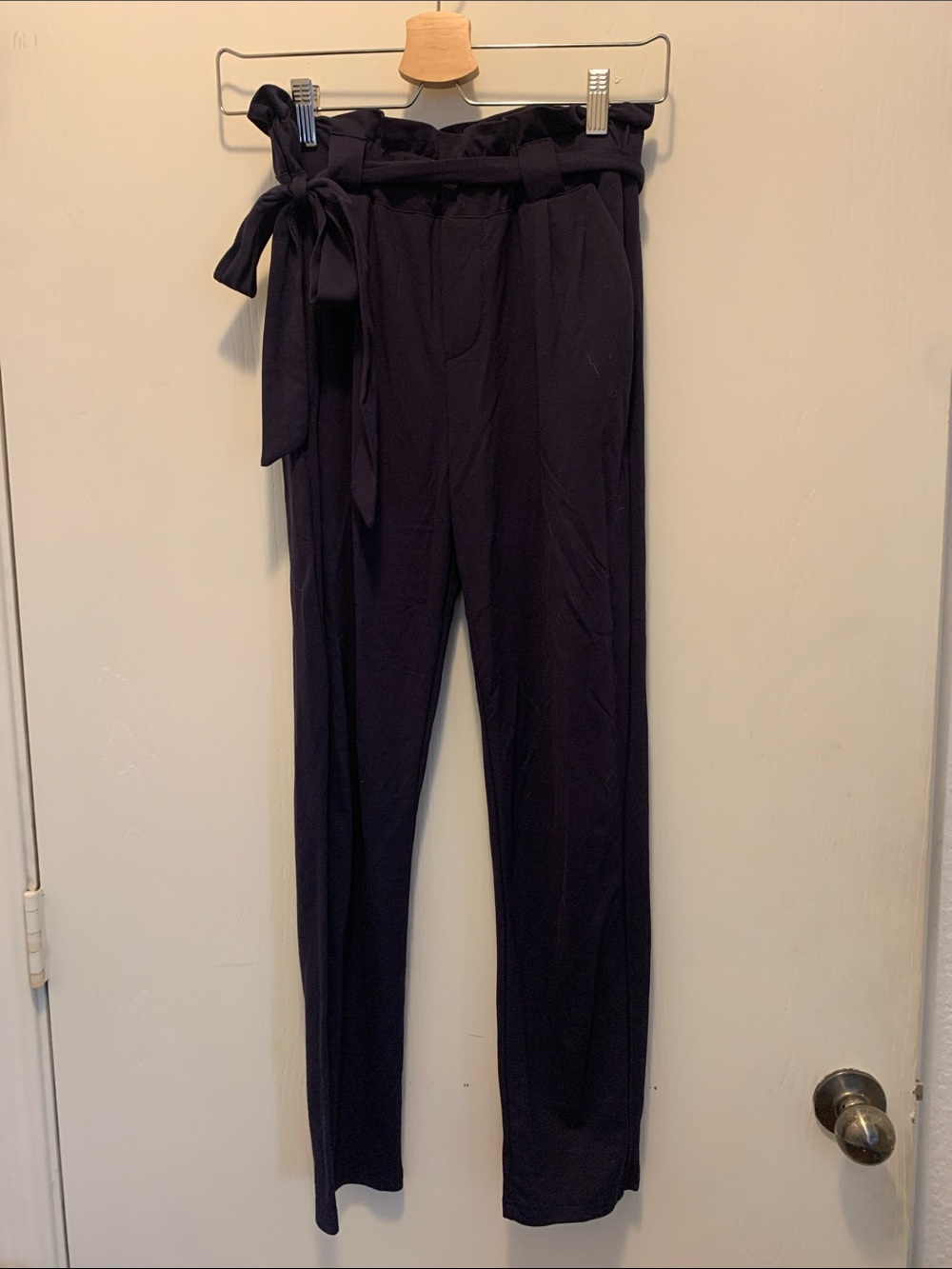 High-Waist Paperbag Tie-Waist Pants — Navy Blue